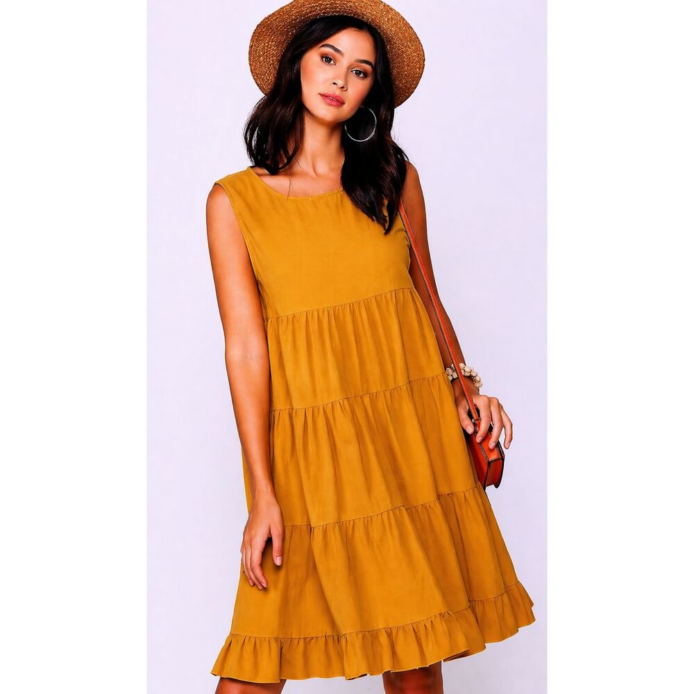 New Gigio M 8 10 Goldenrod Swiss Dot Tiered Round Neck Sleeveless Swing Dress